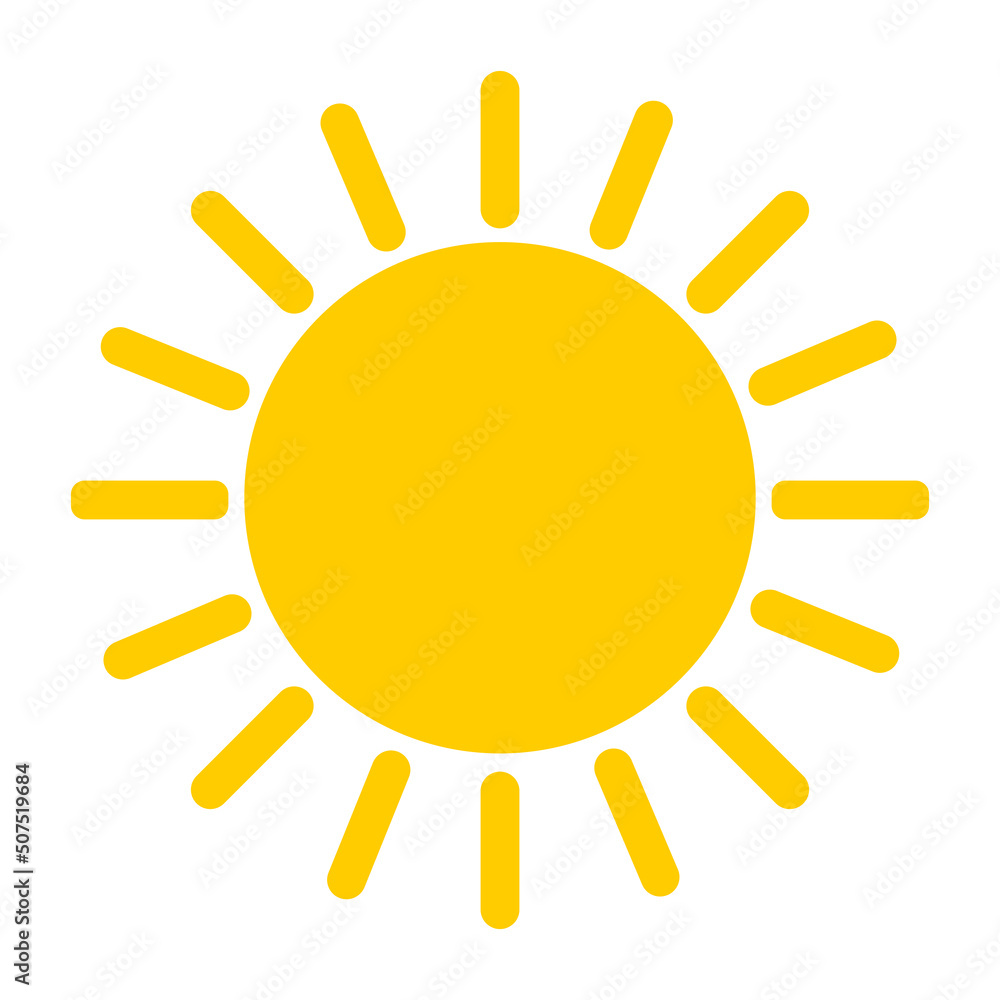 Yellow big cute sun with rays. Warm and hot weather forecast icon isolated on white background. Yellow big cute sun with rays. Warm and hot weather forecast icon isolated on white background.