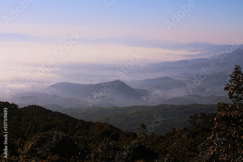 sunrise and fog in the mountains