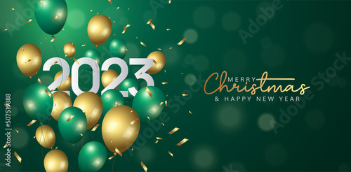 Merry Christmas and happy new year with balloon on green background