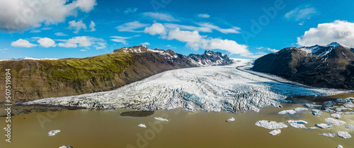 Aerial panoramic view of the Skaftafell glacier, Vatnajokull National Park in Iceland.