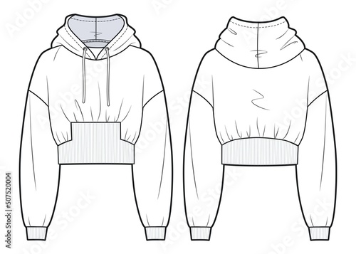 Girl's cropped Sweatshirt design fashion flat sketch template. Oversize crop Hoodie sweat with long sleeves, rib waistband, techical drawing template. Hoodie fashion cad. photo