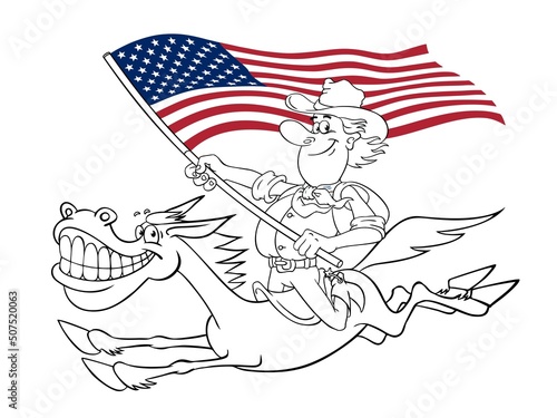 Vector contour image of a cowboy with a horse. American cowboy on horseback. Cheerful cartoon cowboy with USA flag gallops on a funny horse. Joyful cowboy on a horse, illustration isolated on white.