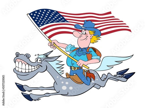 Vector color image of a cowboy with a horse. Cheerful cartoon cowboy with USA flag gallops on a funny horse. American cowboy on horseback. Joyful cowboy on a horse, illustration isolated on white.
