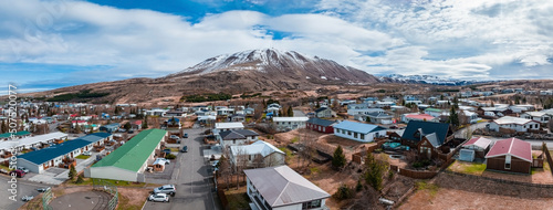 Fényképezés Aerial scenic view of the historic town of Husavik on a beautiful day with blue
