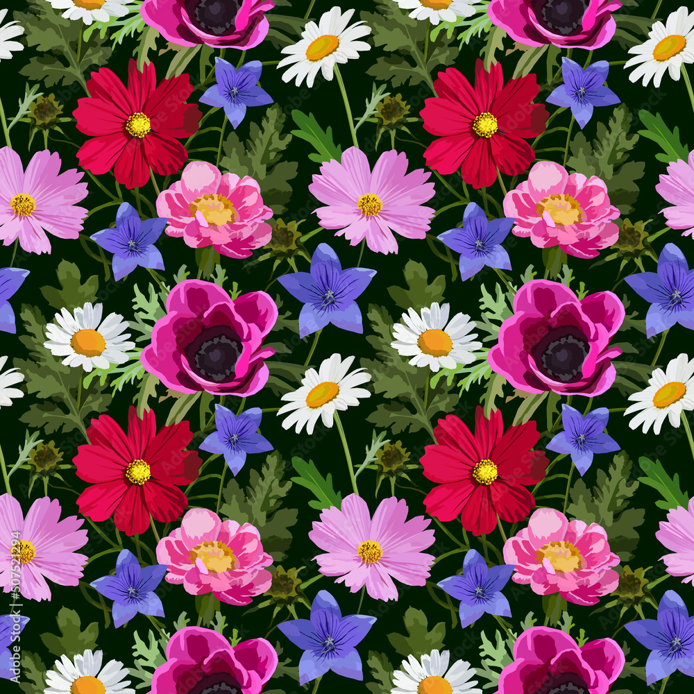 Summer elegant seamless pattern with cosmos flowers, camomile, poppy flowers Summer elegant seamless pattern with cosmos flowers, camomile, poppy flowers