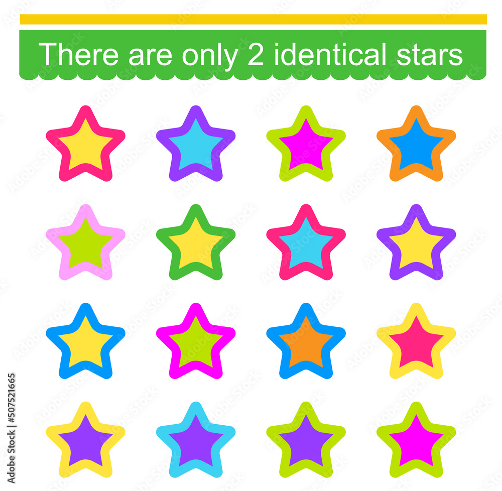 Educational game for children. Need to find two identical stars. Visual intelligence. Vector illustration Educational game for children. Need to find two identical stars. Visual intelligence. Vector illustration