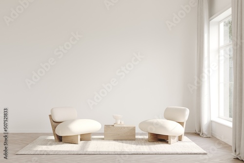 White room with armchairs and a coffee table, empty white wall. Light and shadows on the foor. 3D rendering, layout for art presentation