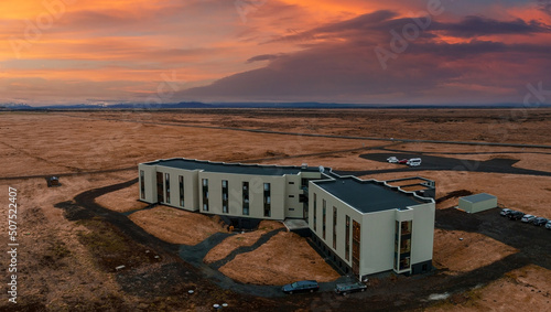 Luxury lonely hotel located in the middle of nowhere in Iceland. Amazing modern building aerial view.