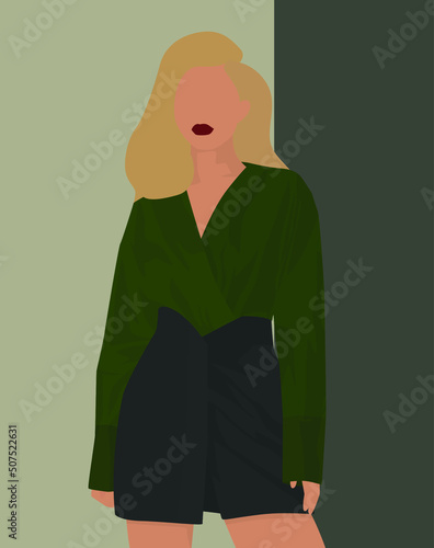 Vector flat image of a blonde in a green blouse and short skirt. Young attractive lady. Design for avatars, posters, backgrounds, templates, textiles, postcards.