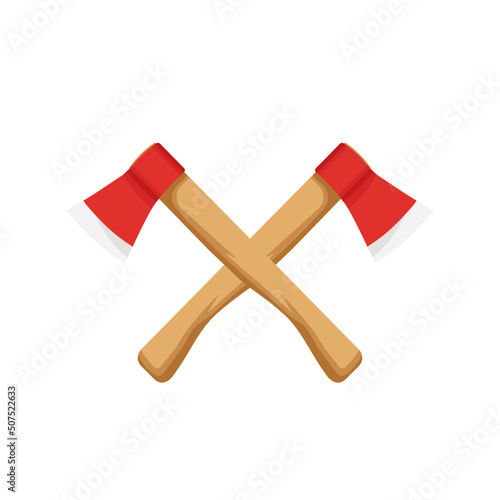 Axes with redhead vector illustration. Cartoon hatchet design for emblem, print, label, badge and sticker.	
