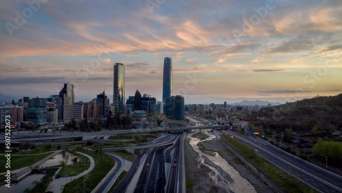 Santiago of Chile, view of the bicentennial park and some of its emblematic buildings in a timelapse hyperlapse shortly after sunset photo