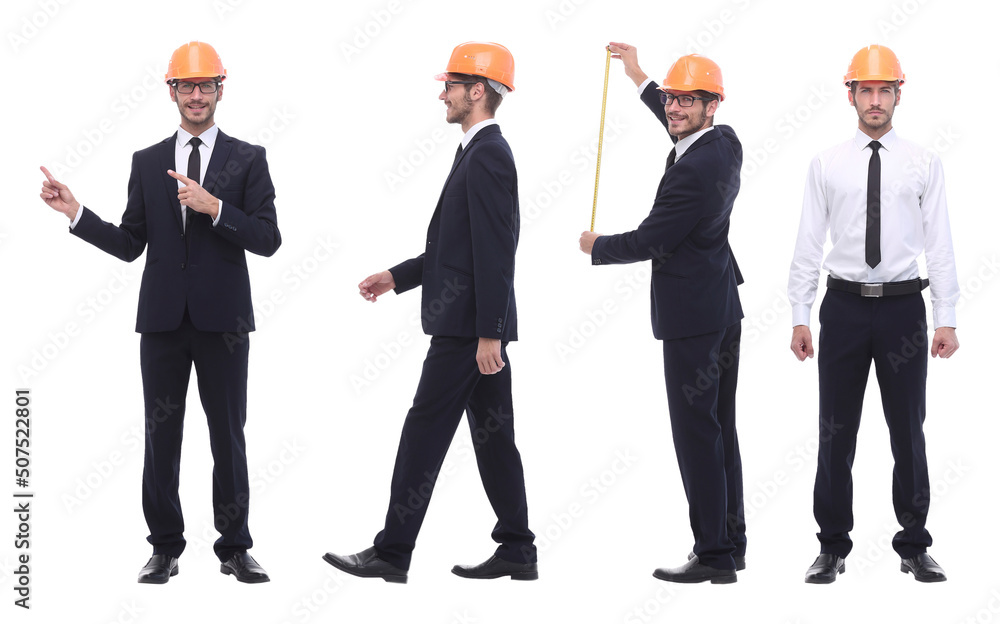 panoramic photo collage of architect expert isolated on white panoramic photo collage of architect expert isolated on white