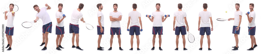 panoramic collage of male handyman isolated on white panoramic collage of male handyman isolated on white