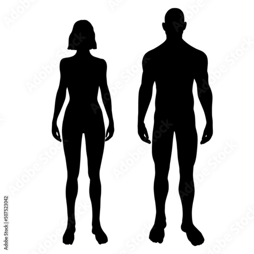 Man and woman standing silhouettes in front view. Vector illustration of body male and female