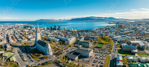 Beautiful aerial view of Reykjavik, Iceland on a sunny summer day. Panoramic view of Reykjavik
