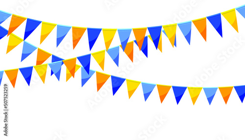 Blue yellow paper bunting party flags isolated on white background. Carnival garland with flags. Decorative colorful party pennants for birthday celebration, festival decor. Colorful bunting flags