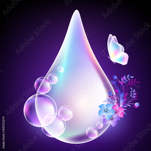 Water drop with butterfly, flower and sparkling shiny stars on dark blue background. Concept world water day.