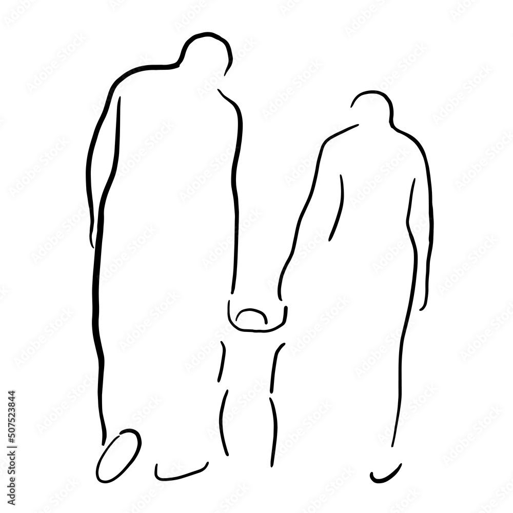 Parents and child: father and mother holding son's hands, standing with their backs. Silhouettes of people, drawn with separate lines. Black and white minimalistic pantining Parents and child: father and mother holding son's hands, standing with their backs. Silhouettes of people, drawn with separate lines. Black and white minimalistic pantining