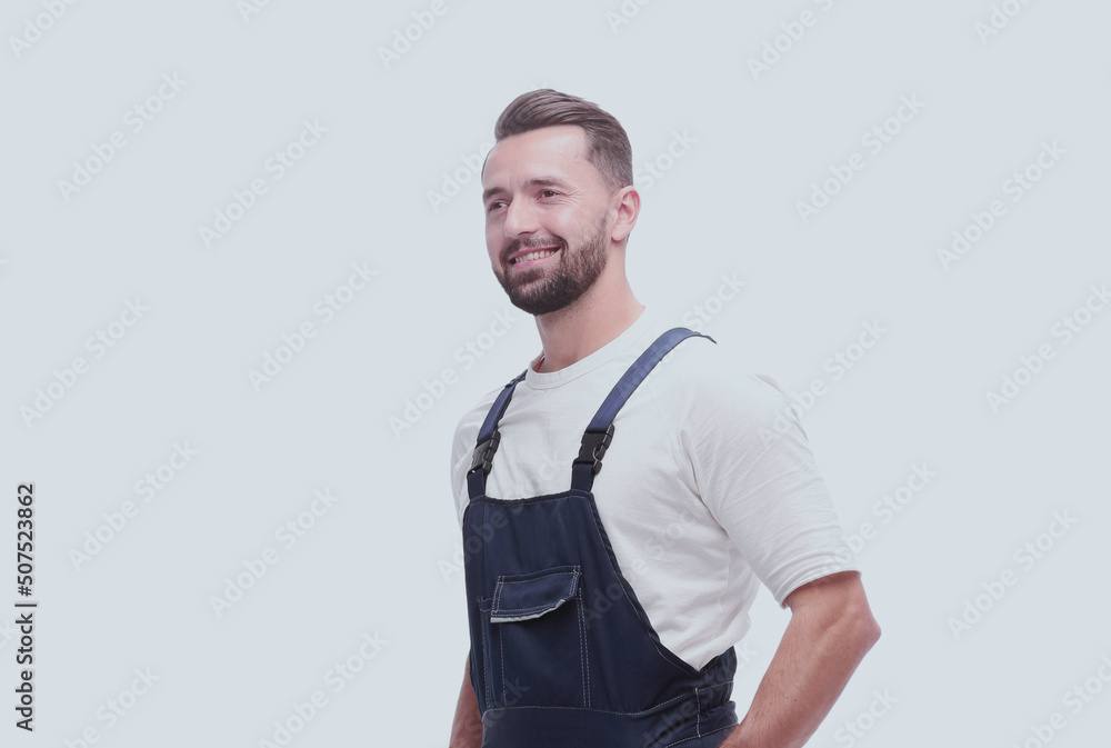custom made wallpaper toronto digitalside view. smiling man in overalls looking forward to copy space