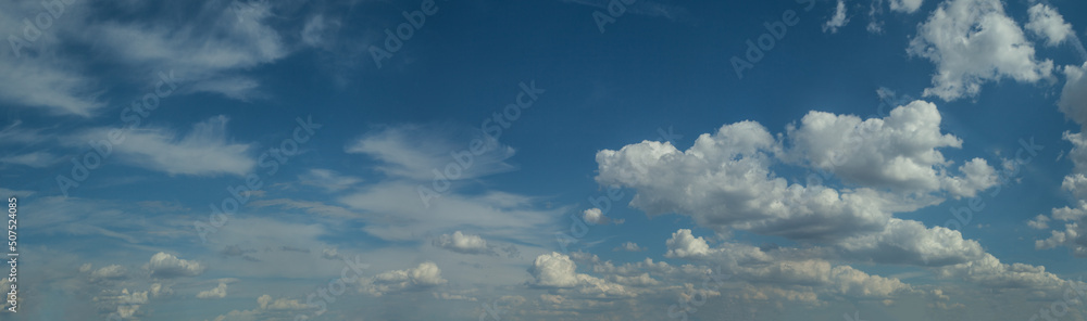 Horizon background. Panorama of blue sky and white clouds