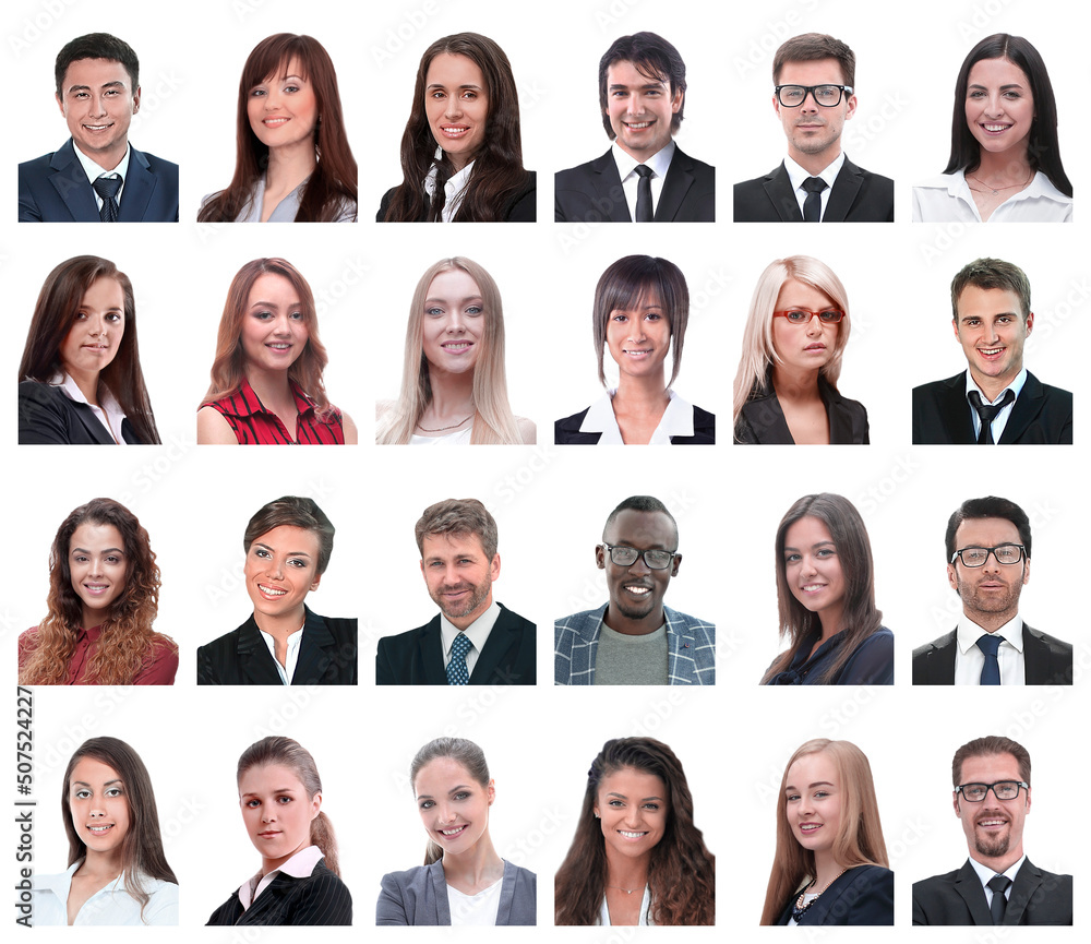 collage of portraits of business people isolated on white collage of portraits of business people isolated on white