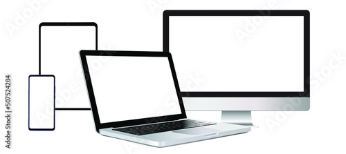 Set of realistic design of different devices: desktop, laptop, tablet and smartphone with a blank empty screen. 