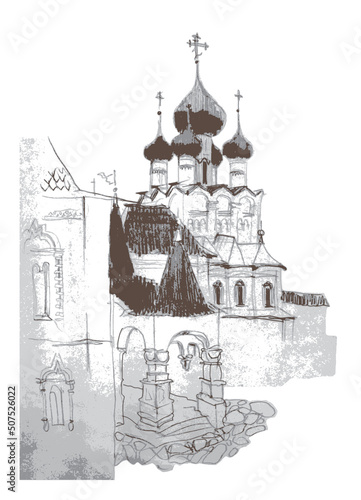Architectural landscape, Rostov Kremlin back yard, stone porch with hipped tent roof, barrel-column arcade. Brown and grey vector traced pencil drawing 