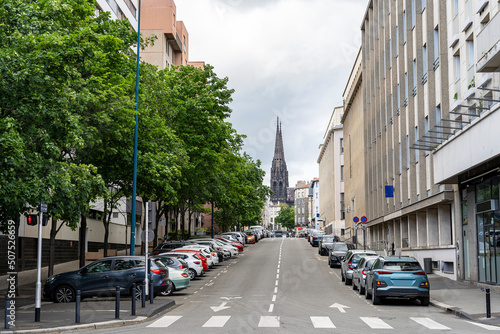 The street at the end of which is Clermont-Ferrand Cathedral, Notre-Dame de l'Assomption - a Gothic-style cathedral and historical monument.