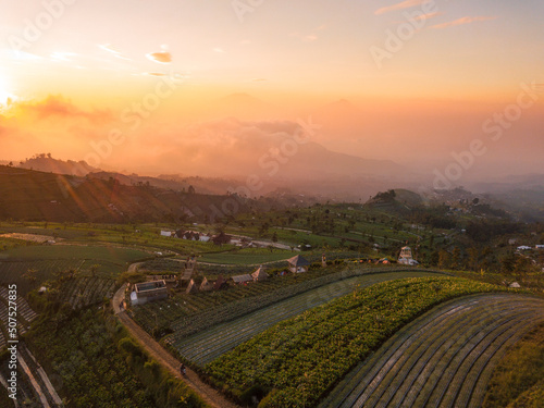 Camping ground on the slope of mountain which surrounded by vegetable plantation with sunrise cloudy sky. It named Mangli Sky View located on the slope of Mount Sumbing, Central Java, Indonesia