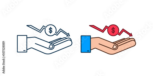 Money loss sign in hands. Cash with down arrow stocks graph, concept of financial crisis, market fall, bankruptcy. Vector stock illustration.