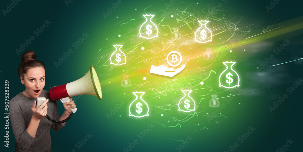 Young person with megaphone and currency icon Young person with megaphone and currency icon