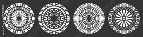 Set of four abstract circular ornaments. Decorative patterns isolated on black background. Tribal ethnic motifs. Stylized sun symbols. Stencil tattoo and prints Vector monochrome illustration.