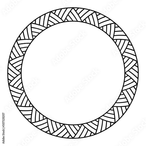 Abstract round meander, circular geometric ornament, striped frame from triangles. Stencil. Isolated on white background. Place for text. Vector monochrome template for invitations, greeting cards.