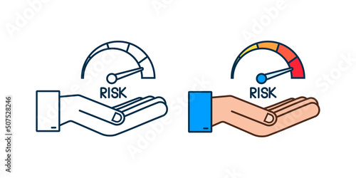 Risk icon on speedometer in hands. High risk meter. Vector stock illustration.