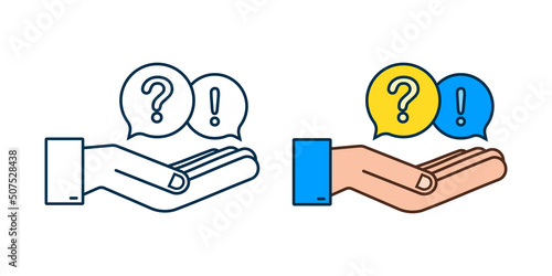 Question and Answer Bubble Chat hanging over hands on white background. Vector stock illustration.