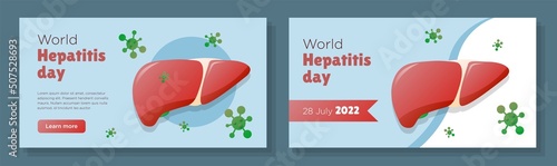 World hepatitis day online banner template set, healthy guts awareness charity day 2022 advertisement, horizontal ad, infected liver webpage, 28 July creative brochure, isolated on background