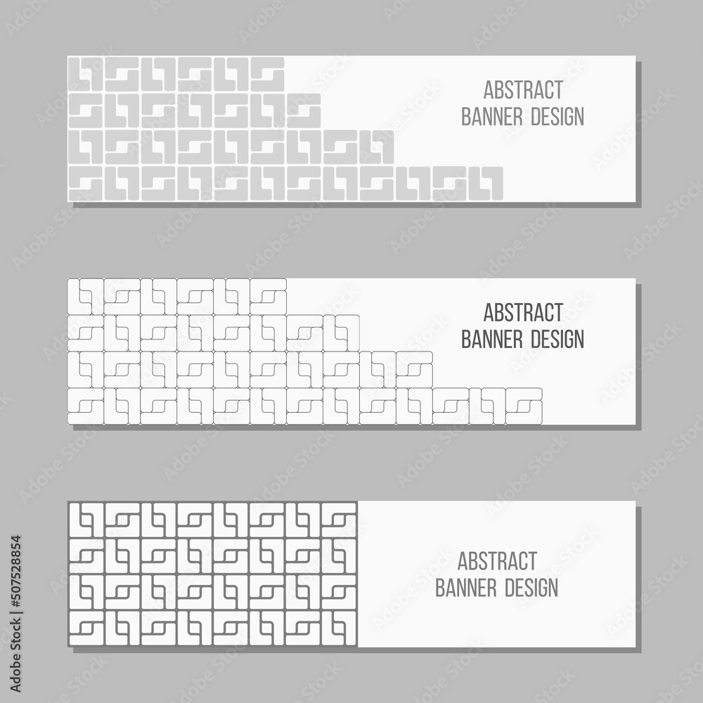 Set of 3 abstract vector banner templates. Banners with geometric elements, shapes, square blocks. Place for text. White and gray colors. Vector illustration.
