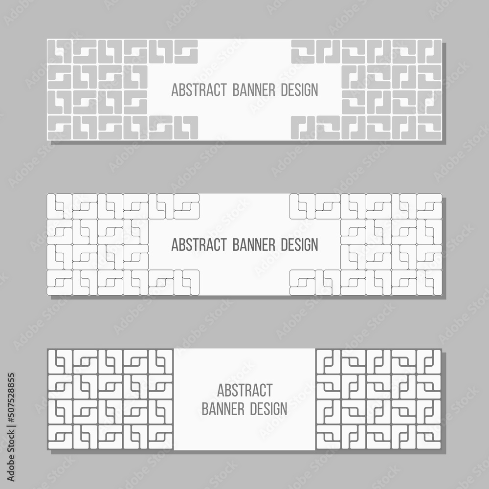 Set of 3 abstract vector banner templates. Banners with geometric elements, shapes, square blocks. Place for text. White and gray colors. Vector illustration. Set of 3 abstract vector banner templates. Banners with geometric elements, shapes, square blocks. Place for text. White and gray colors. Vector illustration.