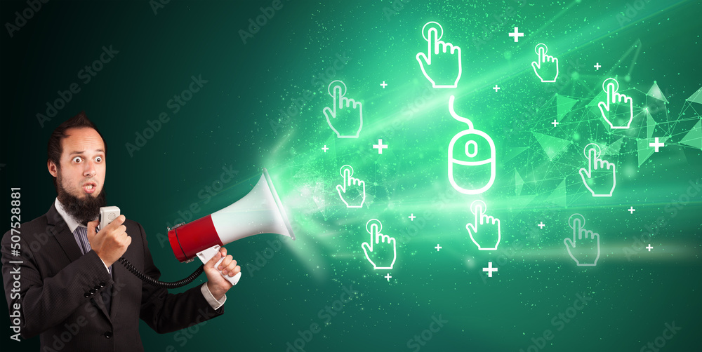 Young person with megaphone and technology related icon Young person with megaphone and technology related icon