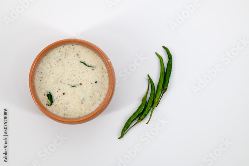 Картината върху платно Fresh made Indian food, chutney, Coconut chutney in a bowl with raw coconut