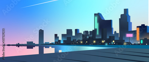 The city at sunset. Futuristic landscape. Neon light. Reflected in the water. Deep blue sky. Skyscrapers. sci-fi city background. Vector illustration