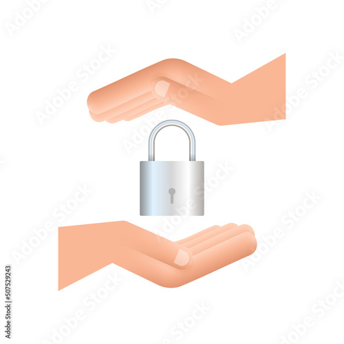 Locked realistic padlock in hands. Security Concept. Metal Lock For Safety And Privacy.