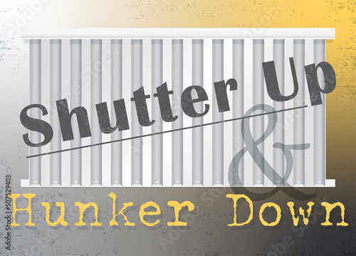 Corrugated metal storm shutters on a grunge background with text

