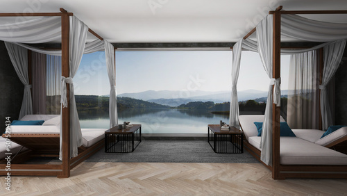 Fotografia Luxury Beach bedroom - Modern and Luxury on vacation on summer holidays with a stunning lakeside view