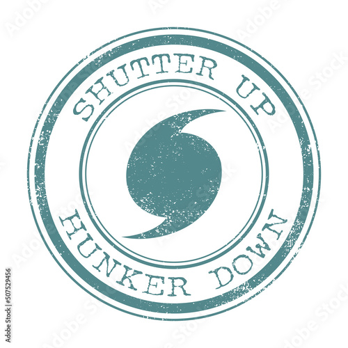 A grunge hurricane stamp, shutter up and hunker down text. Isolated on white background. 
