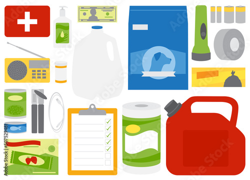 A set of emergency supplies, hurricane and disaster preparedness items. Isolated on white background.
