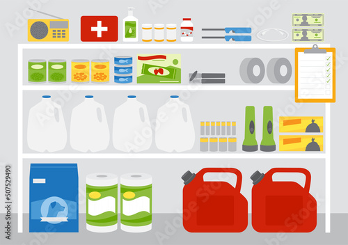 A set of emergency supplies, hurricane and disaster preparedness items on shelving in storage location.
