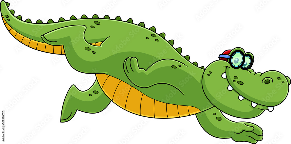 Obraz premium Smiling Alligator Or Crocodile Cartoon Character Swimming. Vector Hand Drawn Illustration Isolated On White Background