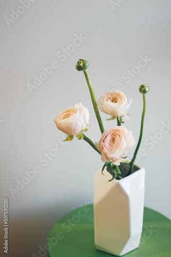 Three ranunculus flowers in a white vase on the green table