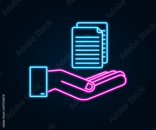 Documents papers in flat style in hands. Vector design. Business icon. Neon design.